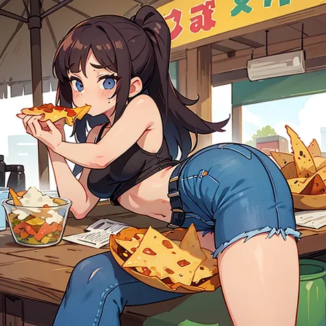 A woman in a tank top and full zip shorts eating nachos at a taco stand　Jeans have belts　　Big butt　Detail the buttocks　Detailing the groin area　