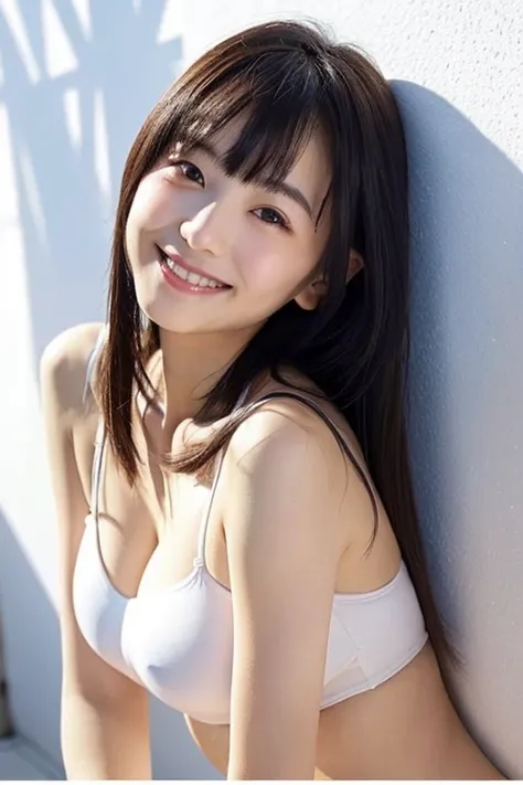 A cute Japanese woman who looks a little mature, smile, inorganic snow white walls, natural skin, cute, expressionless, long straight hair, well-shaped bangs, young girl, young face, short height, white swimsuit, small breasts, Natural skin texture, uprigh...