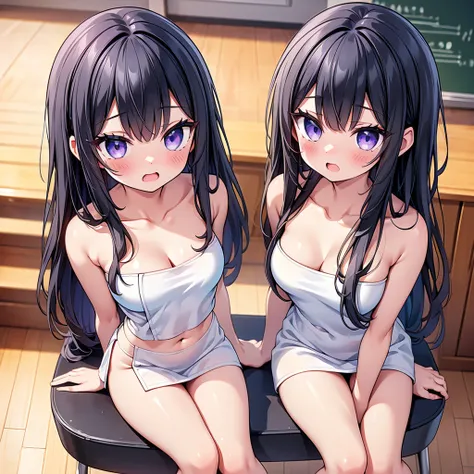 (cute eyes:1.2), (sparkling eyes:1.2), (8K、Best image quality、highest quality、masterpiece)、Detailed face、(2 girls)、Improve、(Black Hair, Purple Eyes, long hair)、(open mouth), (embarrassed), (skinny body:1.3),(small breasts), (Naked Towel:1.3), (cleavage), (...