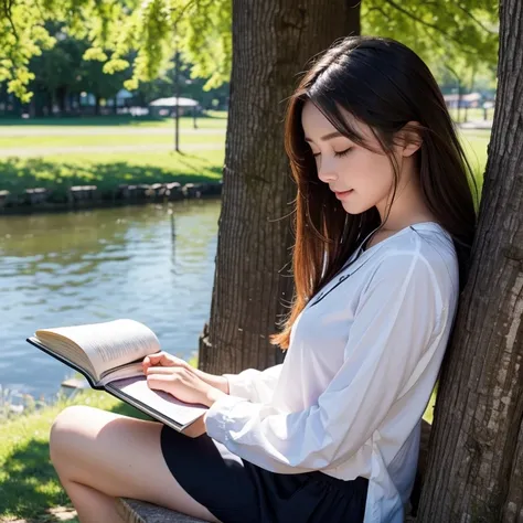 Girl reading a book by the lake, Bright colors, spring, Willow Branch, comfort, Warm sunshine、Highest Grade、high resolution、High-definition masterpiece