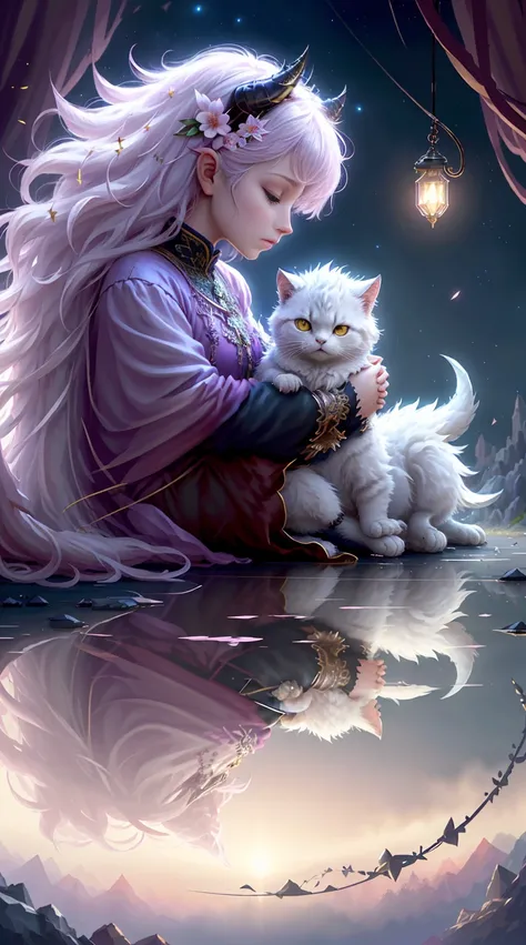 Faris Style, alone, hair ornaments, close your eyes, flower, wing, horn, Cat, white Cat, Dragon-Cat, hair flower, No humans, gem, Dragon, scale, eastern Dragon, Movie angle, Cinema Lighting, Shorthand, Depth of written boundary, Detailed Background, master...