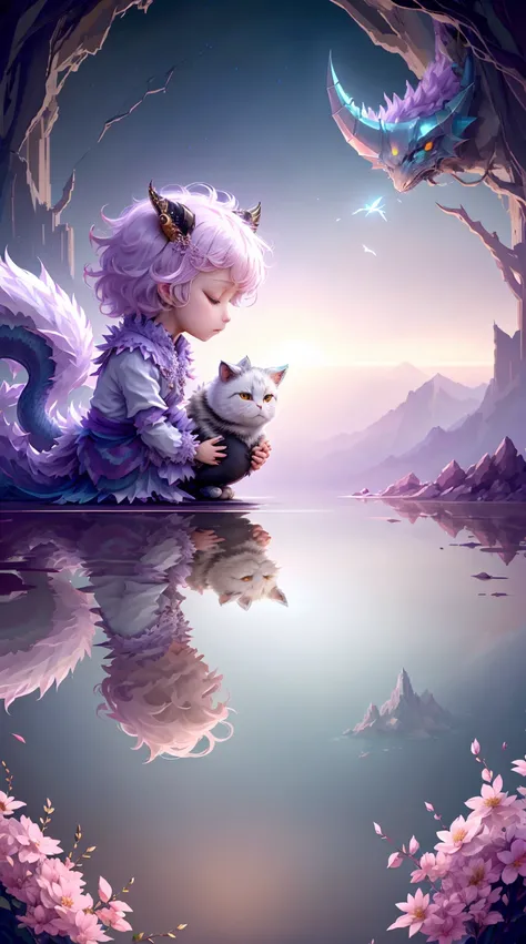 Faris Style, alone, hair ornaments, close your eyes, flower, wing, horn, Cat, white Cat, Dragon-Cat, hair flower, No humans, gem, Dragon, scale, eastern Dragon, Movie angle, Cinema Lighting, Shorthand, Depth of written boundary, Detailed Background, master...