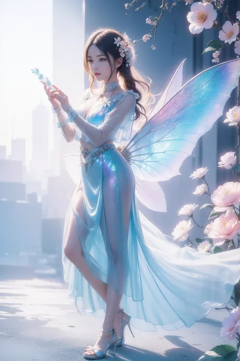 (((girl))，Long skirt，Iridescent colors，(Flower Fairy)，(Rich colors)，spring，Arthur effect, Transparent body, Gradient translucent glass melt, Caustics, Clear glass texture, Iridescent colors, design：Dietrams, Simple, Shining in every detail, White backgroun...