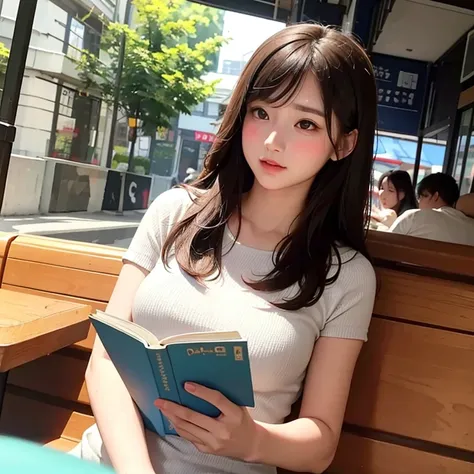 beautiful young girl reading a book in a cafe in the summer season.