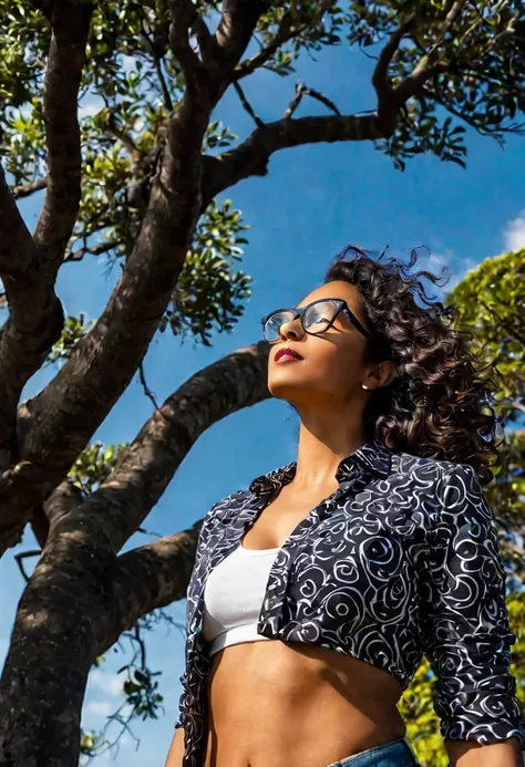 Mulher 38 anos, with perfect strokes, wearing square glasses, looking at the sky next to a tree. A solitary tree complements the scene. To capture this extraordinary scene, a high-resolution camera is required, como a Phase One XF IQ4 150MP. .ability to ca...