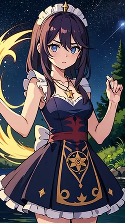 girl, Located in the corner, looking at the Sky, Solitary, Mona (Genshin Impact), Necklace, Hair between the eyes, Star (Symbolism), Long hair, Dark purple hair, Double tail, blue eyes, Shining eyes, jewelry, witch, maid, Bangs, Purple black dress, Purple ...