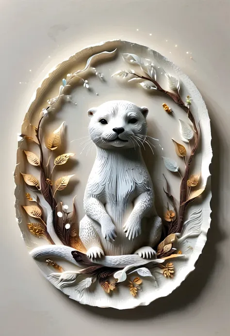 (paper art,layered paper art,roll paper,decoupage,paper carving),intricate details, lifelike otter,，simple background,  (soft li...