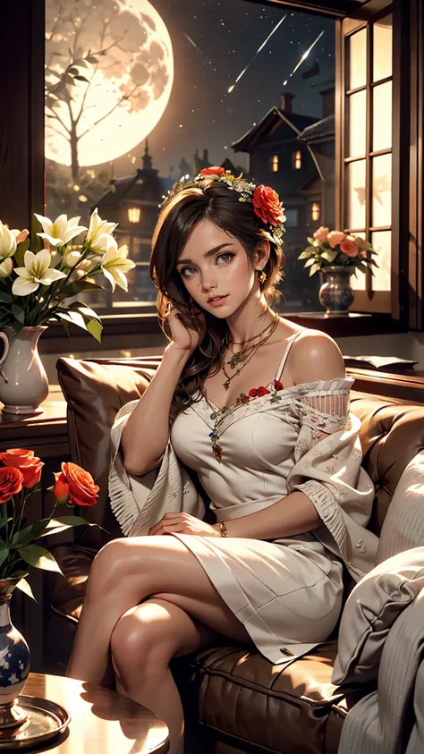 A beautiful bouquet of roses and lilies in a ceramic vase, Red and white colors, Cozy rooms, wreath, Open window, Moon and Stars, evening, Pleasant atmosphere、A mature woman sits on a one-seater sofa、Crossing your legs、Place your hands on the elbow rest