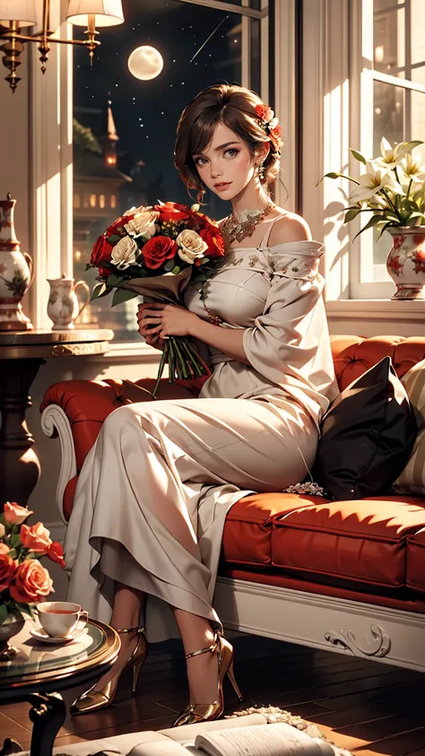 A beautiful bouquet of roses and lilies in a ceramic vase, Red and white colors, Cozy rooms, wreath, Open window, Moon and Stars, evening, Pleasant atmosphere、A mature woman sits on a one-seater sofa、Crossing your legs、Place your hands on the elbow rest