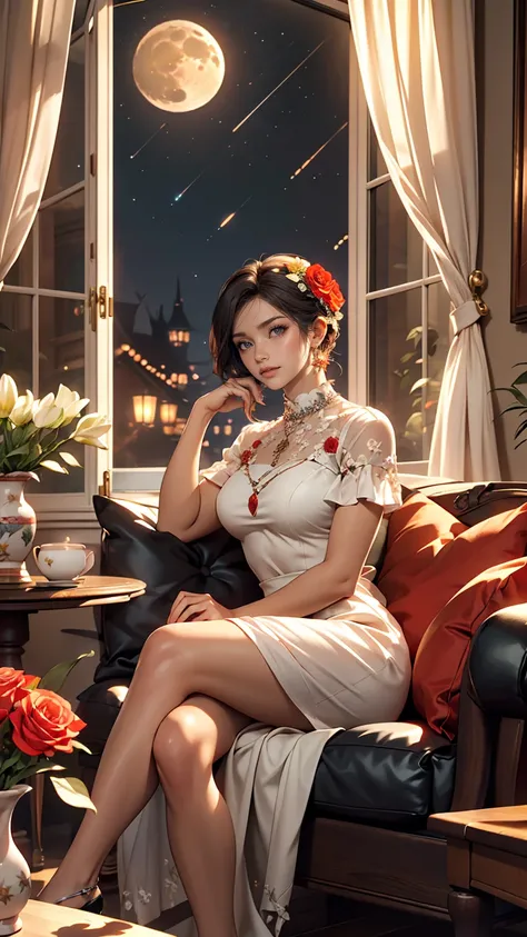 A beautiful bouquet of roses and lilies in a ceramic vase, Red and white colors, Cozy rooms, wreath, Open window, Moon and Stars, evening, Pleasant atmosphere、A mature woman sits on a one-seater sofa、Crossing your legs、Place your hands on the elbow rest