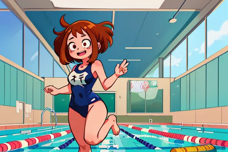 Ochako Uraraka From My Hero Academia Wearing a one-piece swimsuit at the school pool