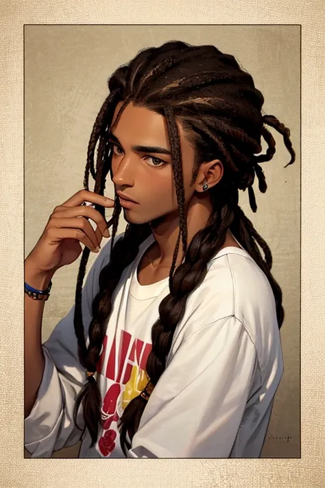 Spanish,skin color is brown,Hairstyle: Dreadlocks,A man with his hair tied back