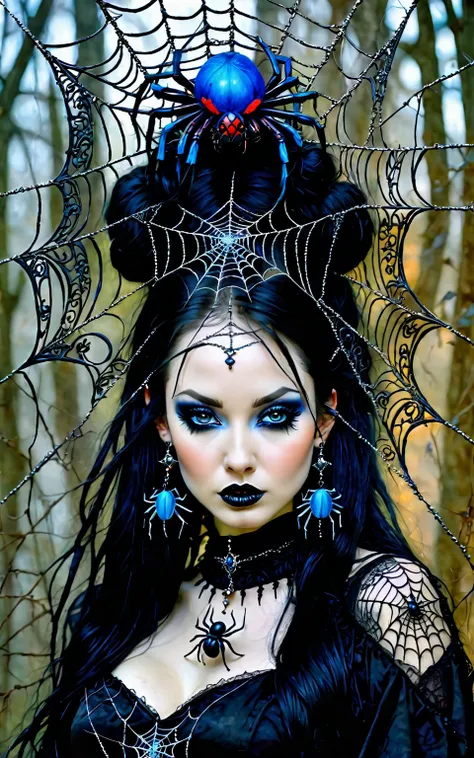 a woman with a spider web on her head, a photorealistic painting inspired by luis royo and david choe, tumblr, gothic art, pale ...