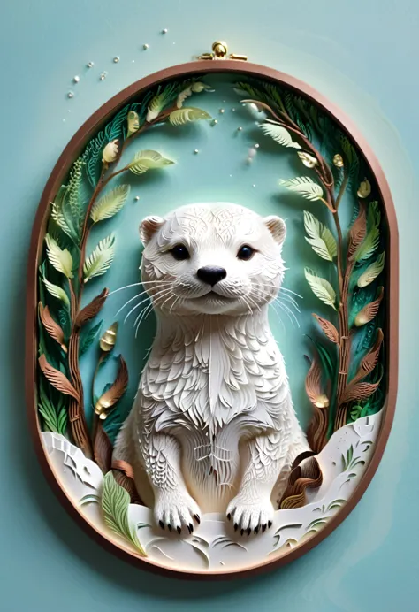 (paper art,layered paper art,roll paper,decoupage,paper carving),intricate details, lifelike otter,，simple background,  (soft li...