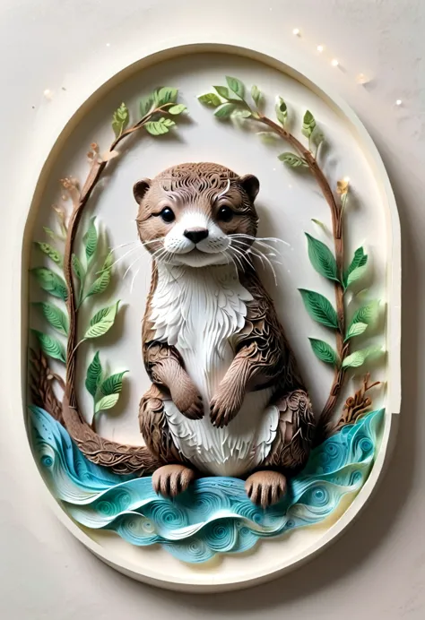 (paper art,layered paper art,roll paper,decoupage,paper carving),intricate details, lifelike otter,，simple background,  (soft li...