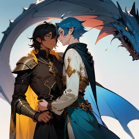 homosexual, couple men, boy x boy love, interracial, lgbt+ and medieval fantasy, A human knight in shining armor without a helmet on a Waite horse, attractive young man, blue eyes, jet black hair, white skin Caucico is a protective boyfriend. His partner i...