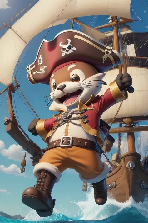 3D, 3D cartoon, cartoon otter, an otter wearing a pirate costume, pirate ship, at noon, 