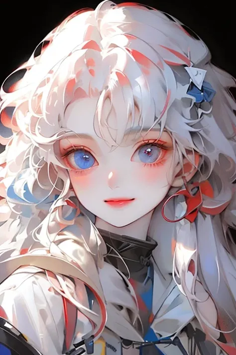 With a girl,alone, Heterochromia,Red and blue eyes,Long Curly Hair,Two bangs,Pale skin, Looking at the audience,Mouth closed, Light Smile, beautiful, Very detailedな目, Close-up shot,Upper Body, Wearing a jacket, Truly amazing art, Very detailed, Highest qua...