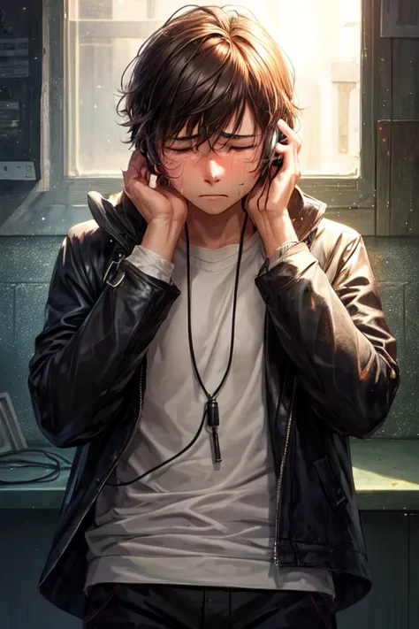 a sad boy crying at listen a music, background is dark