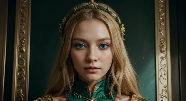 a beautiful empress portrait, blonde hair, perfect blue eyes, with a brilliant, impossible striking big Christmas headpiece, clothes Santa robes, everything Christmas, snow, symmetrical, dramatic studio lighting, rococo, baroque, greens, asian, hyperrealis...