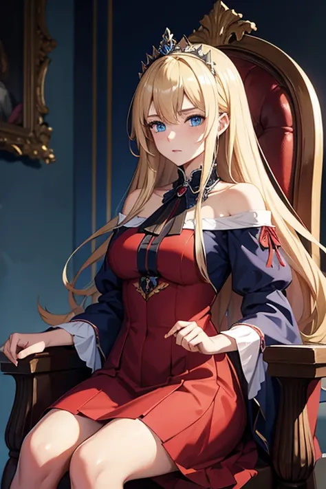 masterpiece, highest quality, High resolution, 15-year-old girl、blue eyes、
blonde,  Bad mood、Long Hair、Crimson Dress, Clothes with puffy shoulders、Long skirt、Tiara on head、royal palace、Sitting on the throne