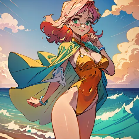 (masterpiece, best quality:1.2), cowboy shot, (solo), (1girl):1.5, (glasses), long fluffy pink hair, hair blowing, gorgeous, slight smile, (elegant swimswit), navel exposed, large breasts, breasts niples, cameltoe, at windy sea.