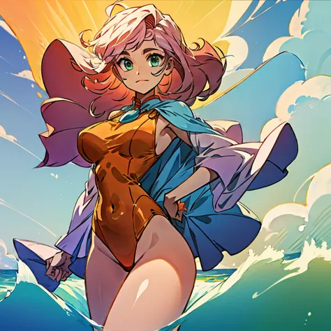 (masterpiece, best quality:1.2), cowboy shot, (solo), (1girl):1.5, (glasses), long fluffy pink hair, hair blowing, gorgeous, slight smile, (elegant swimswit), navel exposed, large breasts, breasts niples, cameltoe, at windy sea.