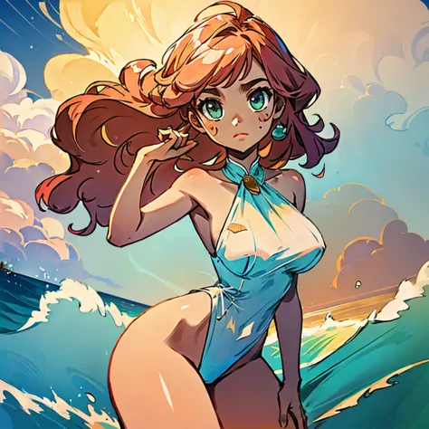 (masterpiece, best quality:1.2), cowboy shot, (solo), (1girl):1.5, (glasses), long fluffy pink hair, hair blowing, gorgeous, slight smile, (elegant swimswit), navel exposed, large breasts, breasts niples, cameltoe, at windy sea.