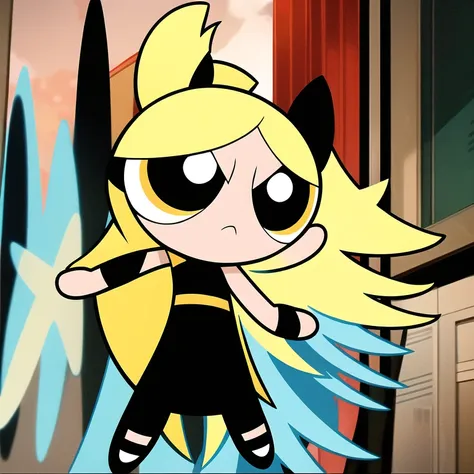 chibi, whole body,1 woman, long hair, black dress, yellow eyes, yellow-haired