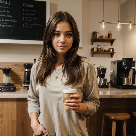 Create a realistic girl holding a coffee 