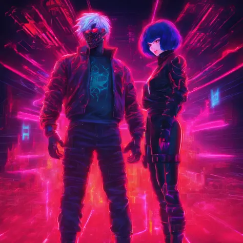 Tokyo Ghoul variation, female and male couple, darkened background, swirling red magic, full body, 3D Image 