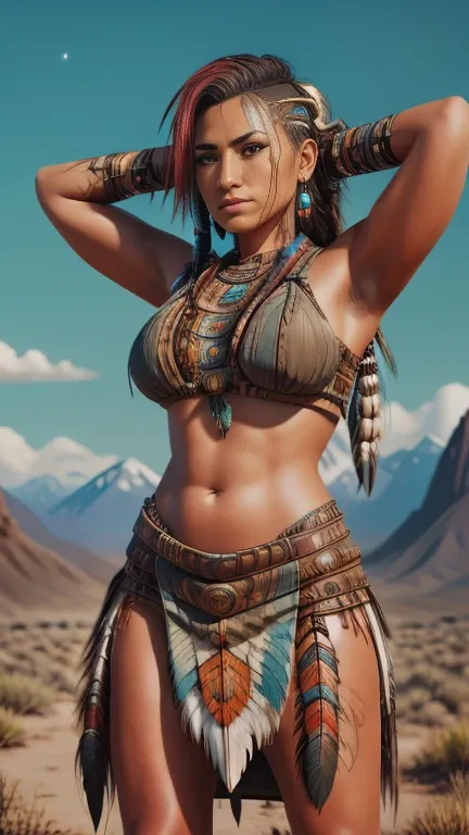 a high resolution ultra detailed realistic photo with a native american woman, native american woman with long legs and curvy fi...