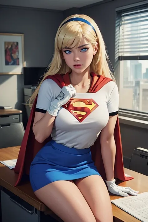 Masterpiece, raw, beautiful art, professional artist, 8k, very detailed face, very detailed hair, 1girl, Supergirl (blonde hair, long hair, hairband, blue eyes, gloves, red cape, short tight blue skirt, white shirt), at the Daily Planet, in Lois office, a ...