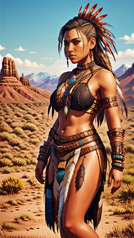 a high resolution ultra detailed realistic photo with a native american woman, native american woman with long legs and curvy fi...