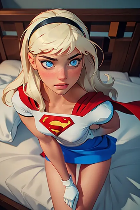 Masterpiece, raw, beautiful art, professional artist, 8k, very detailed face, very detailed hair, 1girl, Supergirl (blonde hair, long hair, hairband, blue eyes, gloves, red cape, short tight blue skirt, white shirt), lying on her bed in the Watchtower, hot...