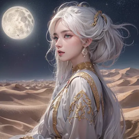 (highest quality、masterpiece、8k、Best image quality、Ultra-high resolution、Award-winning works)、A beautiful white-haired woman is looking at us from afar in the desert, where a flood of light is streaming from the moon.、Ancient Islamic clothing、Beautiful fac...