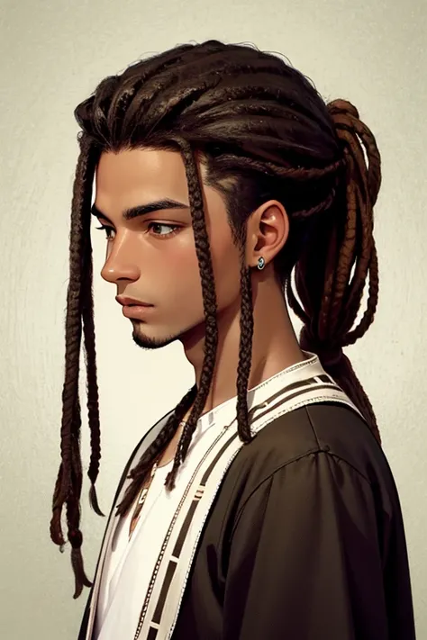 Spanish,skin color is brown,Hairstyle: Dreadlocks,A man with his hair tied back