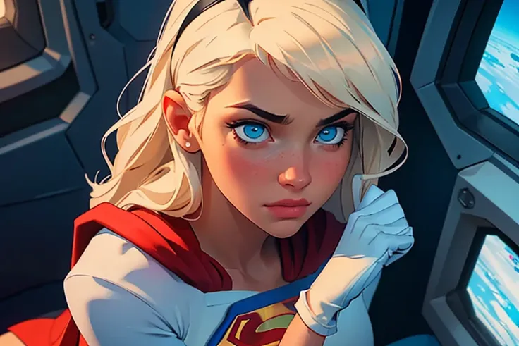 masterpiece, raw, beautiful art, professional artist, 8k, very detailed face, very detailed hair, 1girl, supergirl (blonde hair,...