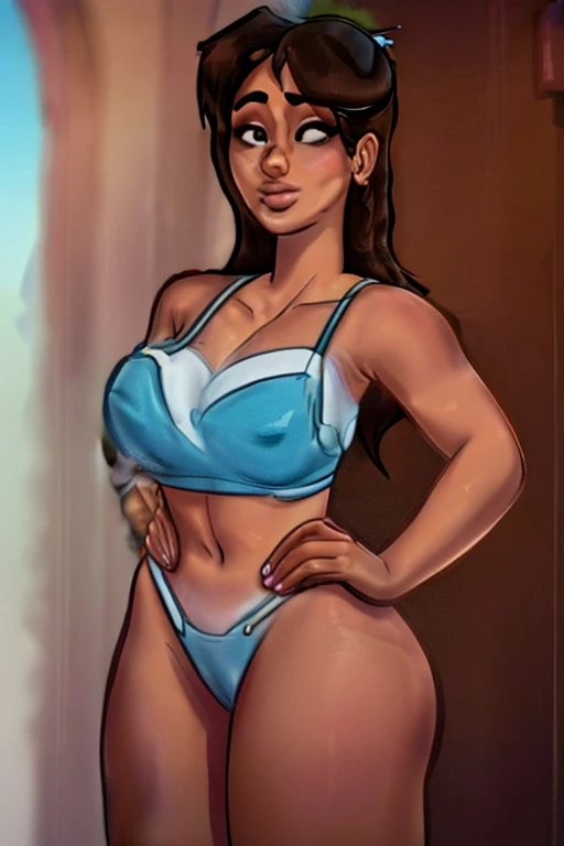 jovem Ariana Grande, franja, grampo, longo_rabo de cavalo, Escuro_pele, amarelo_espartilho, sem mangas, colar, pulseiras, verde_saia, couro_cinto, retrato, fora, paisagem natural