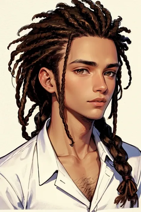 Spanish,skin color is brown,Hairstyle: Dreadlocks,A man with his hair tied back