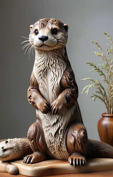 professional photography of wood carving,  lifelike otter, detailed, intricate details, phd, ultra hd, potassium, bokeh, vignett...