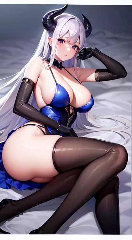 Laquadia,Big Breasts,jewelry,Gray Hair、Long Hair、High resolution、high quality、Long gloves、Blue swimsuit、青いLong gloves、超High resolution, (Film Grain: 1.4)、very, very big breasts、Troubled face、Nipple Pochi、horn、Erect nipples、Breast milk、Succubus、Small devil
