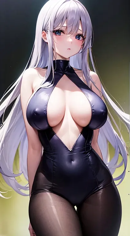 Laquadia,Big Breasts,jewelry,Gray Hair、Long Hair、High resolution、high quality、Long gloves、Blue swimsuit、青いLong gloves、超High resolution, (Film Grain: 1.4)、very, very big breasts、Troubled face、Nipple Pochi、horn、Erect nipples、Breast milk、Succubus、Small devil、...