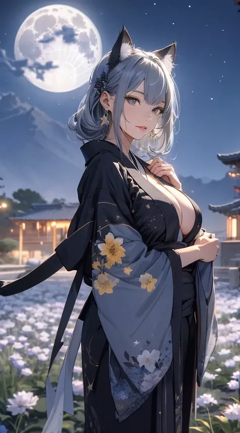 masterpiece, high quality, 4K, Beautiful design, silhouette，Gray Hair， 非常に詳細な夜のStarry Sky,Flower Field， wonderful, Finer details,  Very knowledgeable woman, Highly detailed solo, 1 female,Cat ear，Big Breasts，kimono，Night view，Starry Sky，full moon，