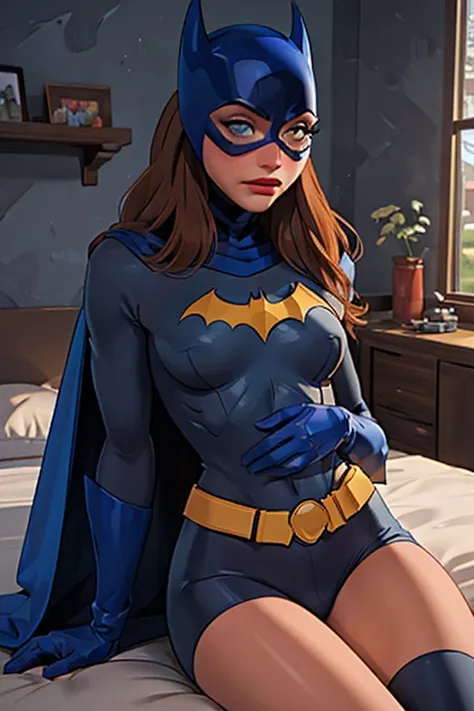 Masterpiece, raw, beautiful art, professional artist, 8k, very detailed face, very detailed hair, 1girl, Batgirl, babs (perfect anime illustration, long hair, smile, blue eyes, gloves, belt, blue cape, lips, bodysuit, makeup, mask, lipstick, red lips, supe...