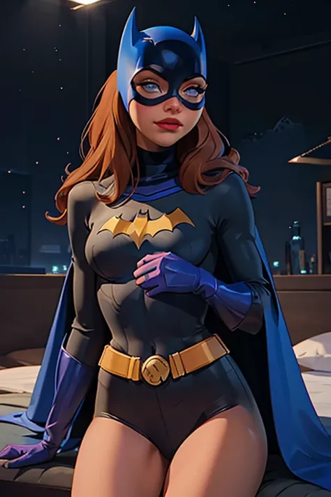 Masterpiece, raw, beautiful art, professional artist, 8k, very detailed face, very detailed hair, 1girl, Batgirl, babs (perfect anime illustration, long hair, smile, blue eyes, gloves, belt, blue cape, lips, bodysuit, makeup, mask, lipstick, red lips, supe...