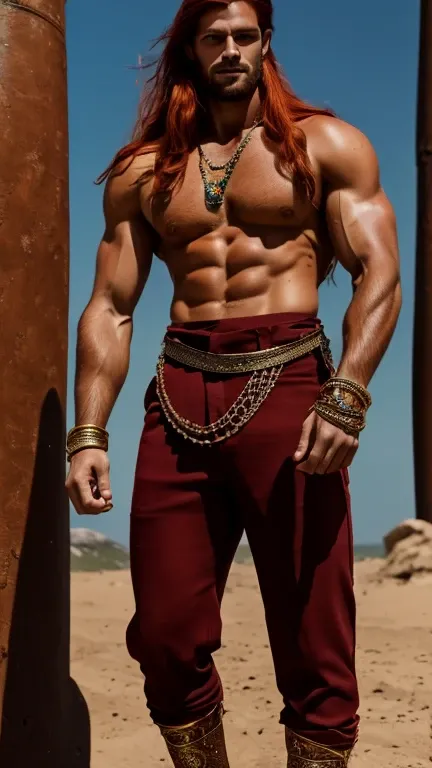 Tall, handsome, strong, muscular man with dark complexion, long red hair, wearing a king’s sleeveless shirt, sand-colored wool cut pants, crown with rubies and sapphires, gold and platinum wrists bracelets,arms and ankles, wearing leather sandals with a sw...