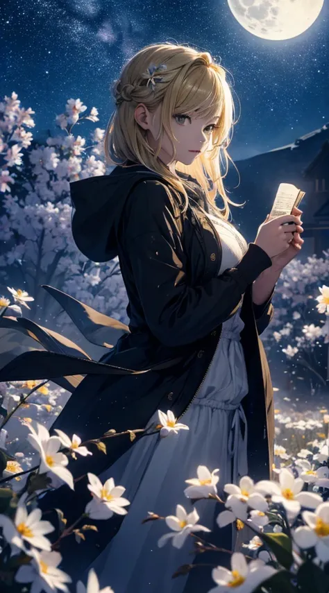 masterpiece, high quality, 4K, Beautiful design, silhouette，blonde， 非常に詳細な夜のStarry Sky,Flower Field， wonderful, Finer details,  Very knowledgeable woman, Highly detailed solo, 1 female,Beautiful Eyes，I like rumors，Big Breasts，Hooded parka，mini skirt，Night ...