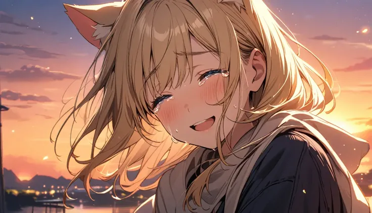 girl, blond hair, cat ears, blue eyes, tears, closing eyes, smilling, farewell, detail on face, beautful backround, sunset backround