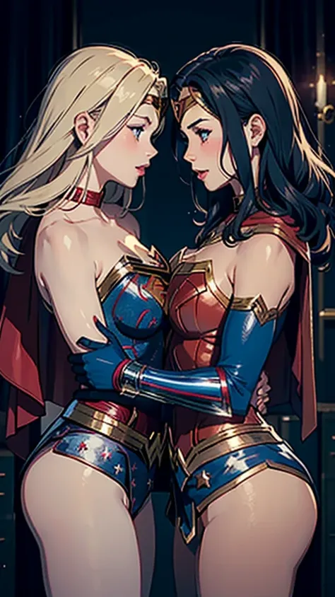 2 women kissing, cosplay, party, dressed as Wonder Woman and Supergirl, sensual, provocative, very erotic, yuri."